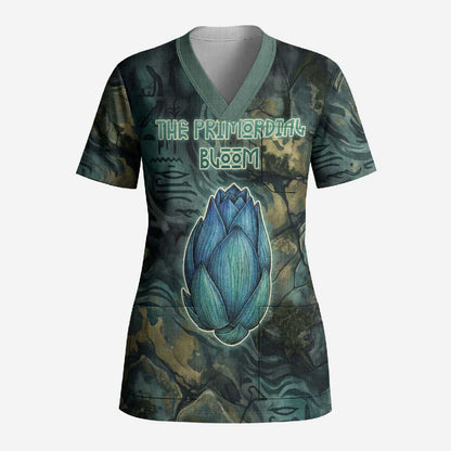 Nefertem Scrub Top Primordial Bloom Lotus Mystical Lion Cosmic Egyptian