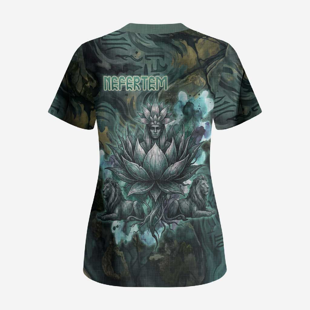 Nefertem Scrub Top Primordial Bloom Lotus Mystical Lion Cosmic Egyptian