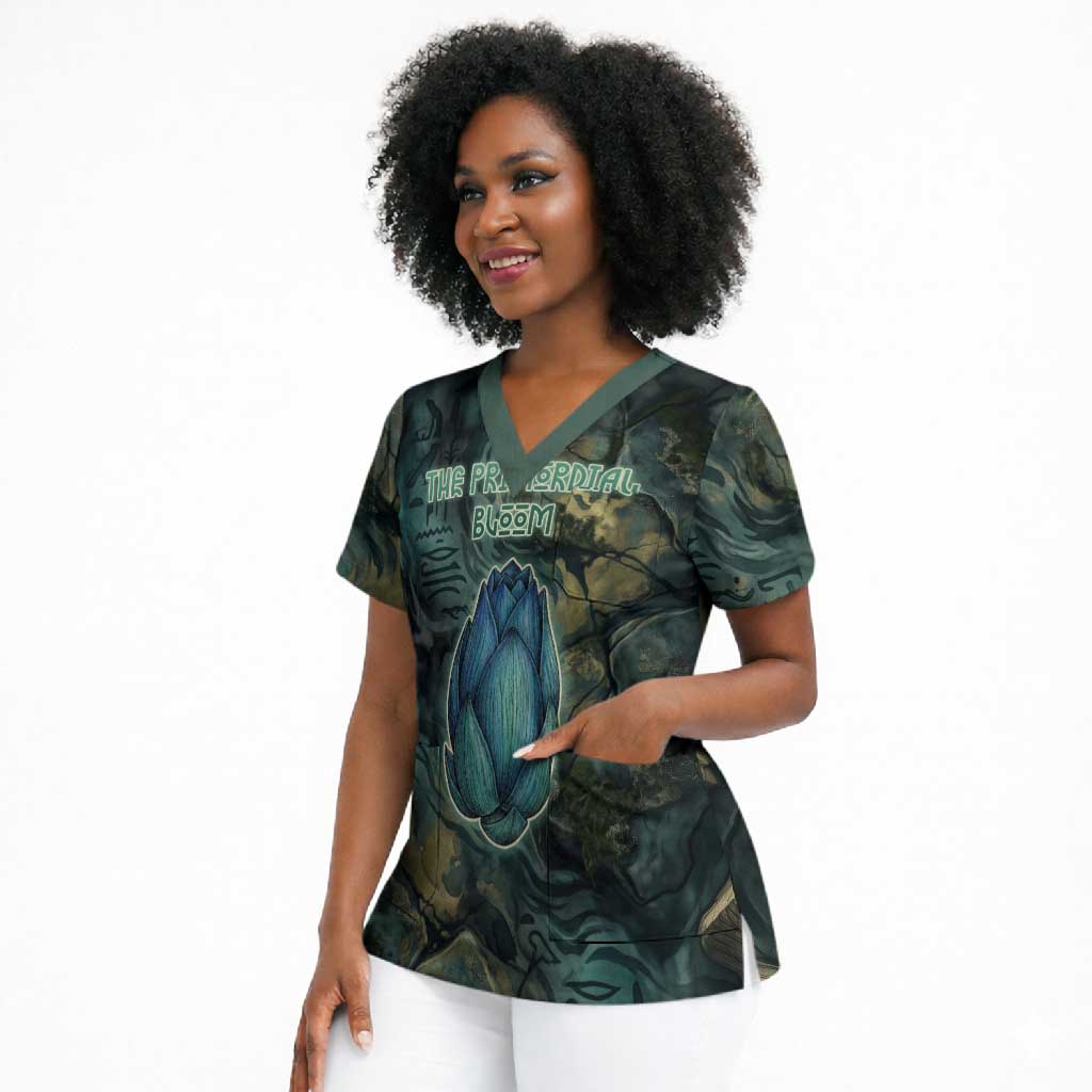 Nefertem Scrub Top Primordial Bloom Lotus Mystical Lion Cosmic Egyptian