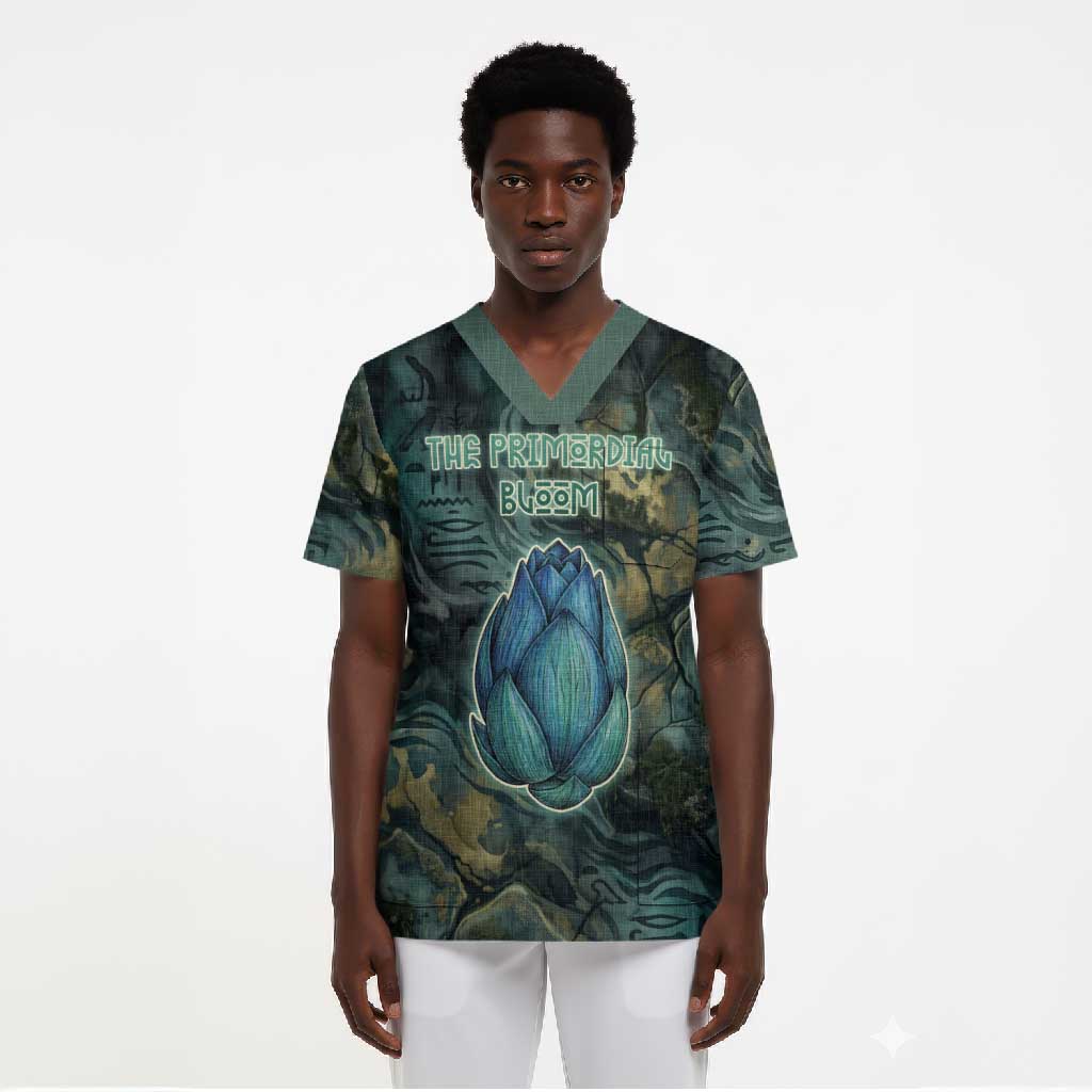 Nefertem Scrub Top Primordial Bloom Lotus Mystical Lion Cosmic Egyptian