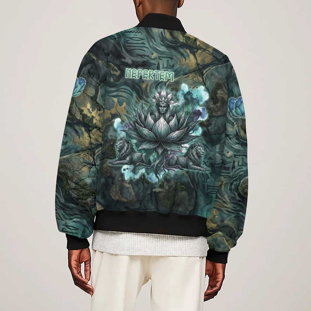Nefertem Sleeve Zip Bomber Jacket Primordial Bloom Lotus Mystical Lion Cosmic Egyptian