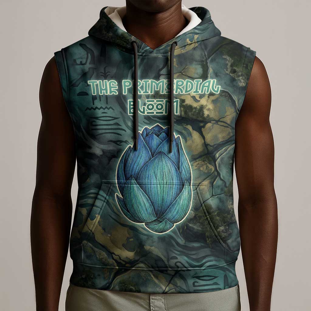 Nefertem Sleeveless Hoodie Primordial Bloom Lotus Mystical Lion Cosmic Egyptian