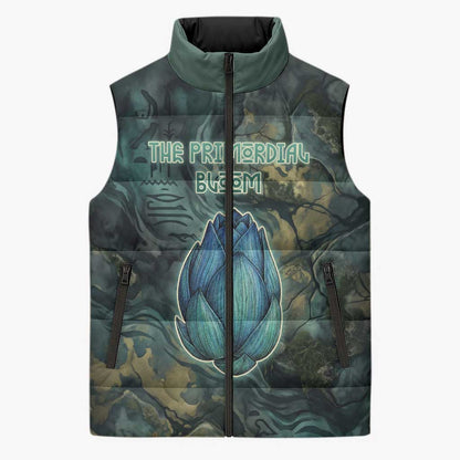 Nefertem Sleeveless Puffer Jacket Primordial Bloom Lotus Mystical Lion Cosmic Egyptian