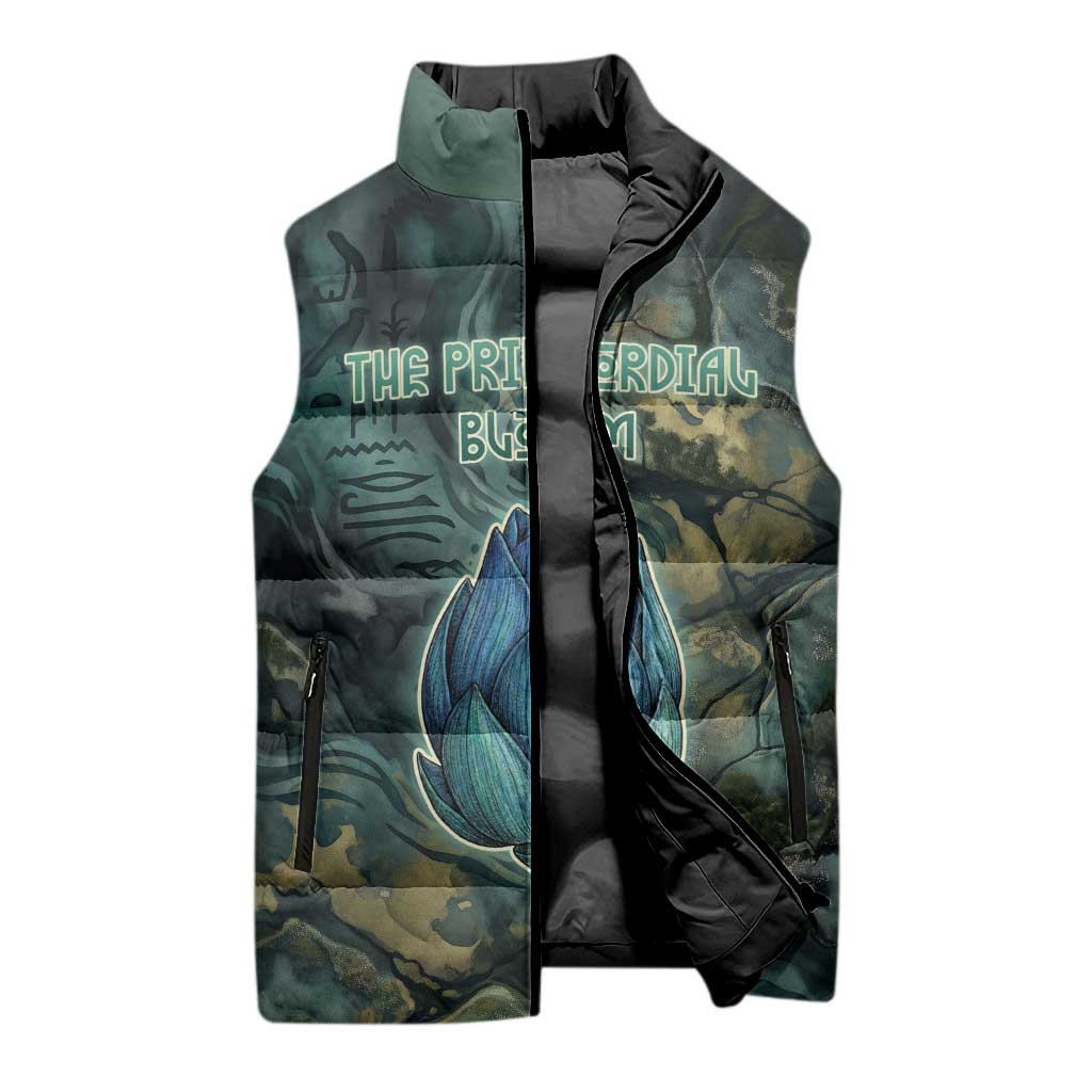 Nefertem Sleeveless Puffer Jacket Primordial Bloom Lotus Mystical Lion Cosmic Egyptian