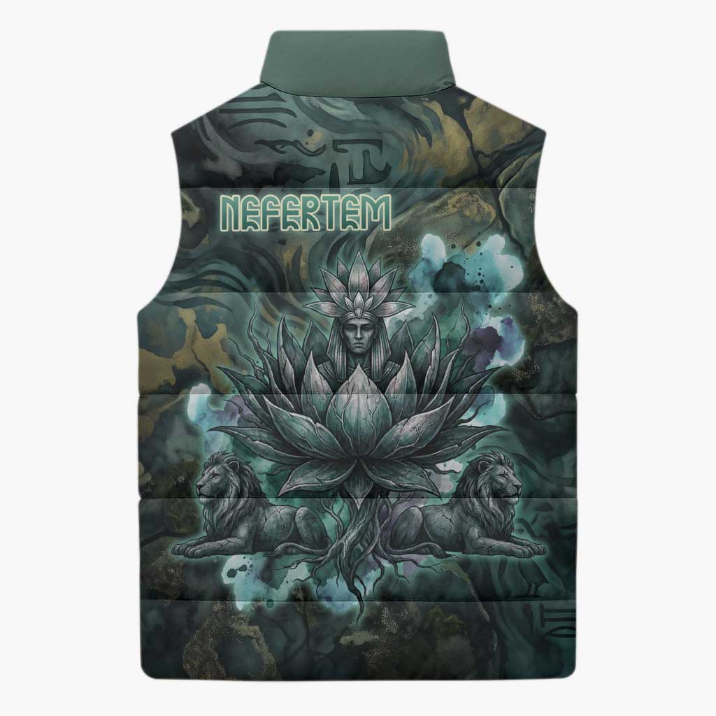 Nefertem Sleeveless Puffer Jacket Primordial Bloom Lotus Mystical Lion Cosmic Egyptian