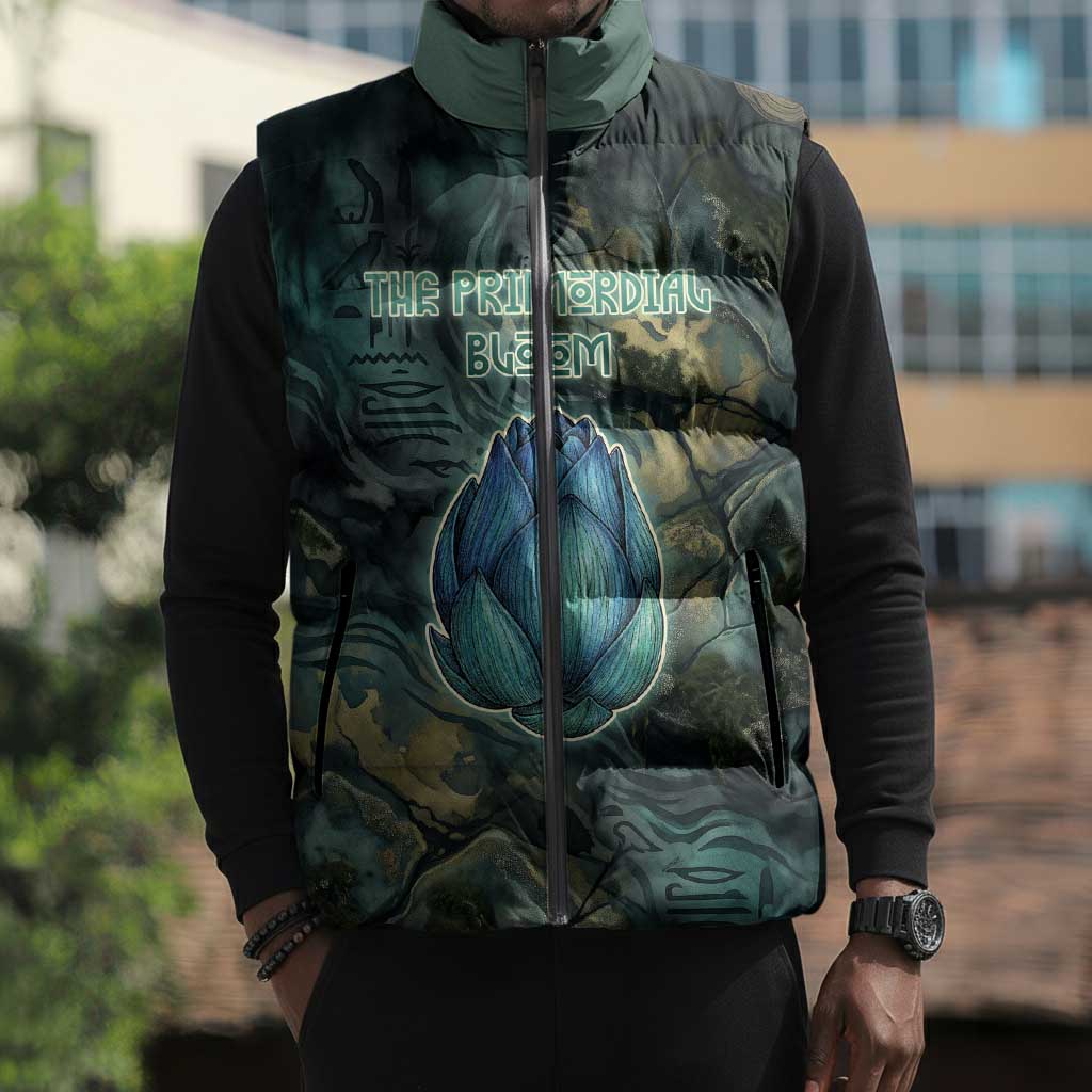Nefertem Sleeveless Puffer Jacket Primordial Bloom Lotus Mystical Lion Cosmic Egyptian