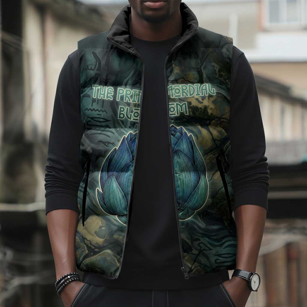 Nefertem Sleeveless Puffer Jacket Primordial Bloom Lotus Mystical Lion Cosmic Egyptian