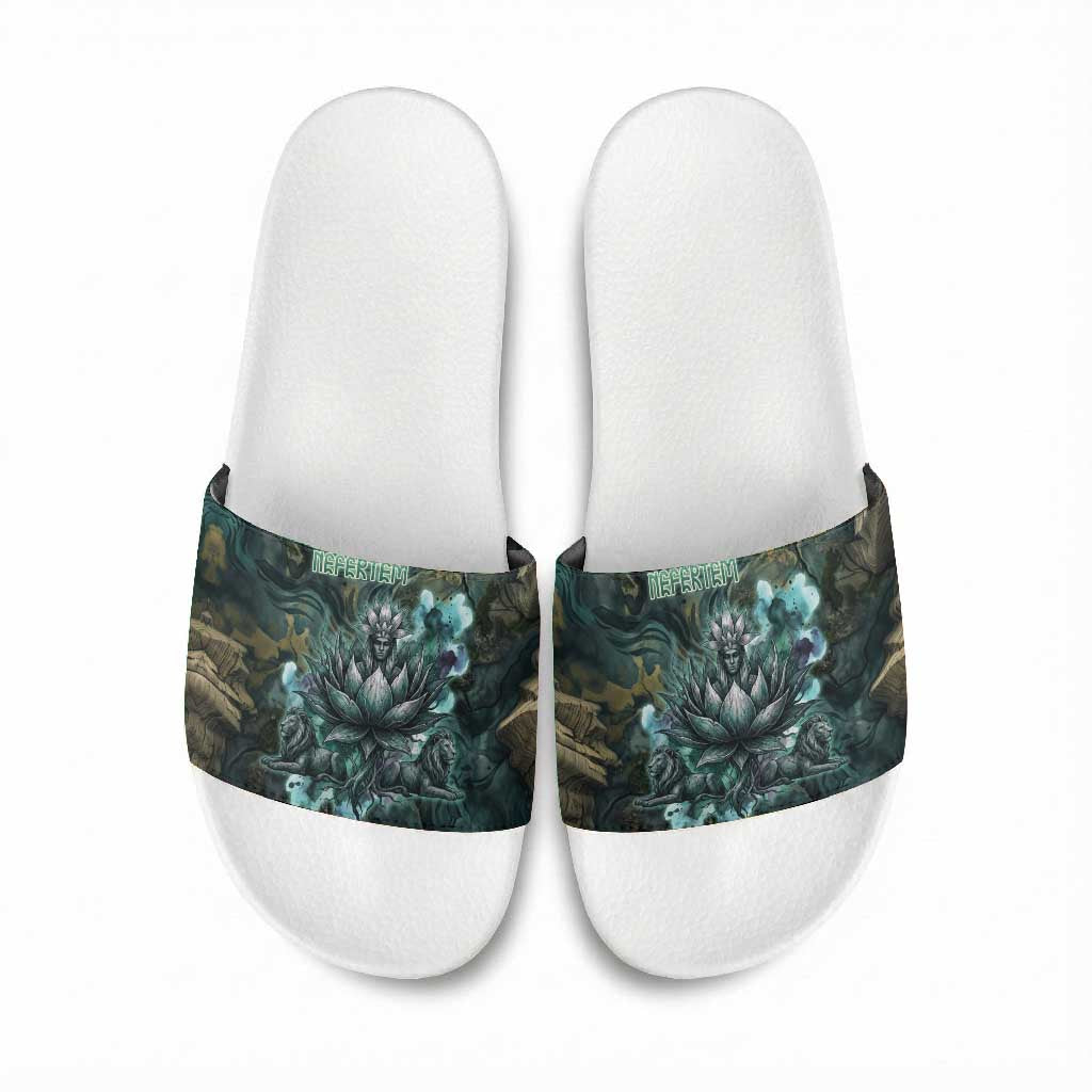 Nefertem Slide Sandals Primordial Bloom Lotus Mystical Lion Cosmic Egyptian