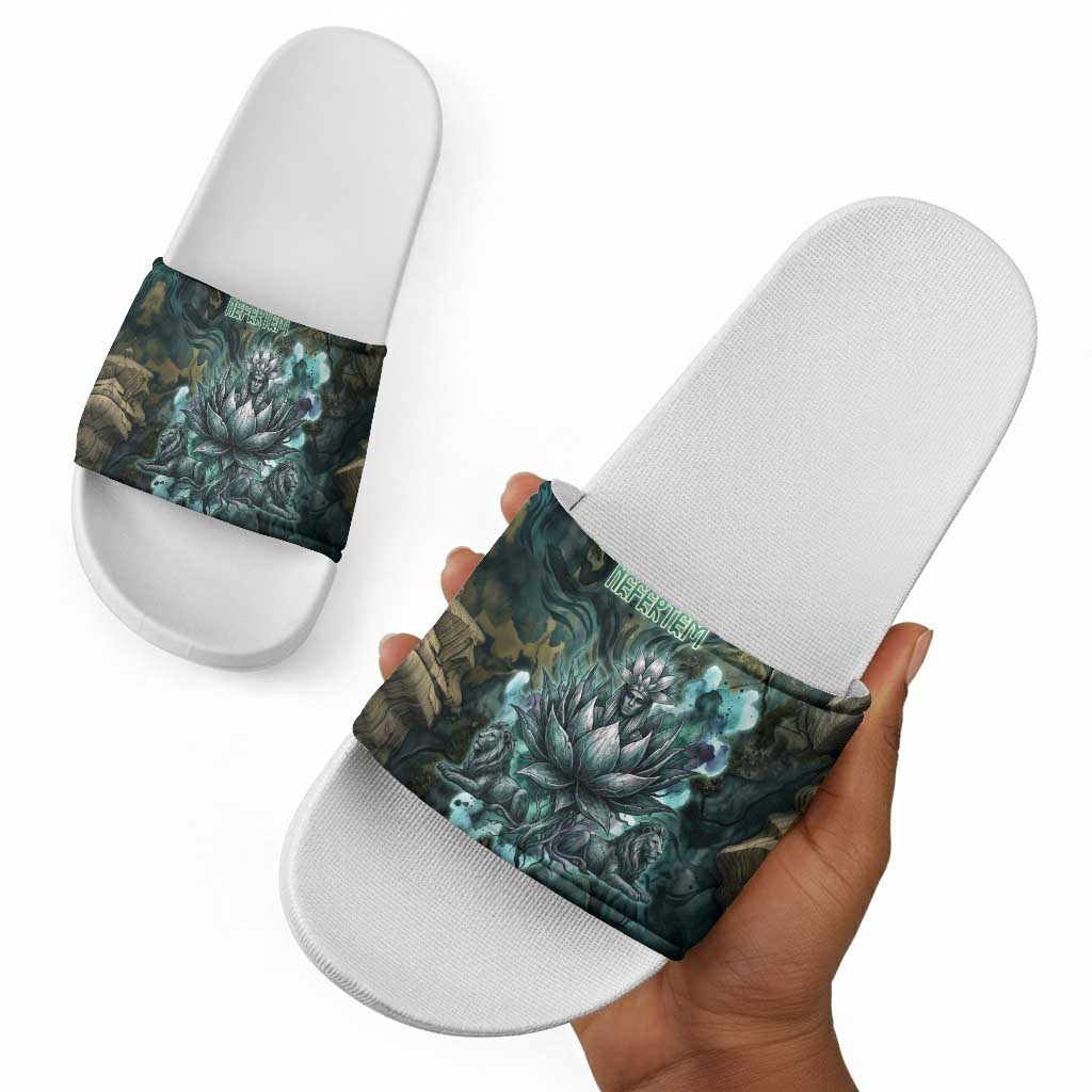Nefertem Slide Sandals Primordial Bloom Lotus Mystical Lion Cosmic Egyptian