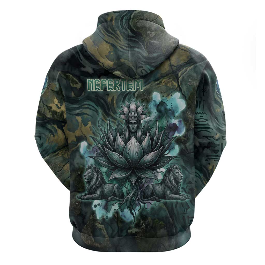Nefertem Zip Hoodie Primordial Bloom Lotus Mystical Lion Cosmic Egyptian