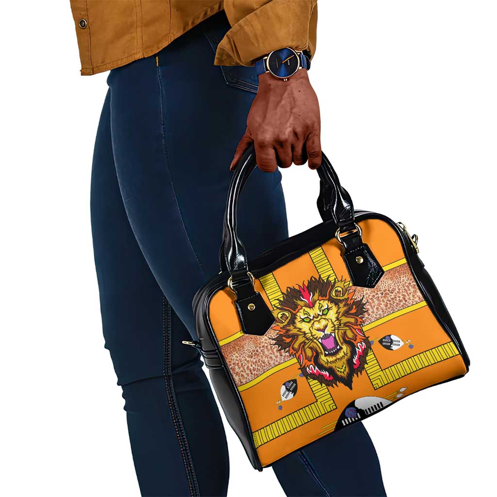Swaziland Eswatini Shoulder Handbag Lion Shield and Leopard Print Tribal Design