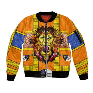Swaziland Eswatini Sleeve Zip Bomber Jacket Lion Shield and Leopard Print Tribal Design