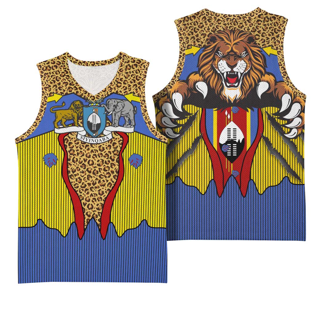 Swaziland Eswatini Basketball Jersey Coat of Arms Lion Elephant Shield Leopard Print Design TS04