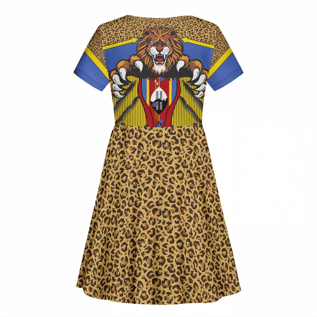 Swaziland Eswatini Kid Short Sleeve Dress Coat of Arms Lion Elephant Shield Leopard Print Design