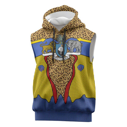 Swaziland Eswatini Sleeveless Hoodie Coat of Arms Lion Elephant Shield Leopard Print Design - African Pride