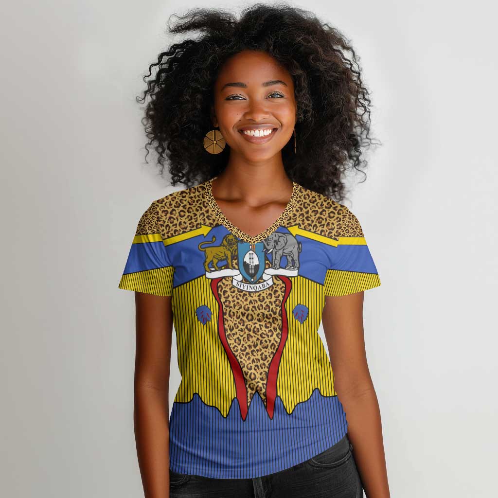 Swaziland Eswatini Women V-Neck T-Shirt Coat of Arms Lion Elephant Shield Leopard Print Design