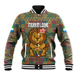 Sierra Leone Baseball Jacket - Cute Lion Playing Djembe Drum and Tribal Pattern Design