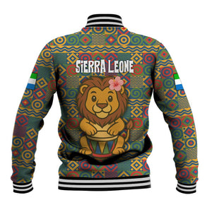 Sierra Leone Baseball Jacket - Cute Lion Playing Djembe Drum and Tribal Pattern Design