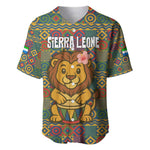 Sierra Leone Baseball Jersey - Cute Lion Playing Djembe Drum and Tribal Pattern Design