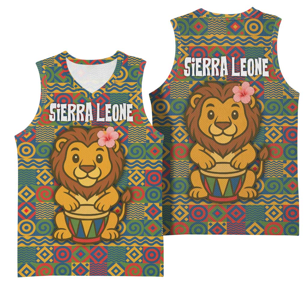 Sierra Leone Basketball Jersey - Cute Lion Playing Djembe Drum and Tribal Pattern Design TS04