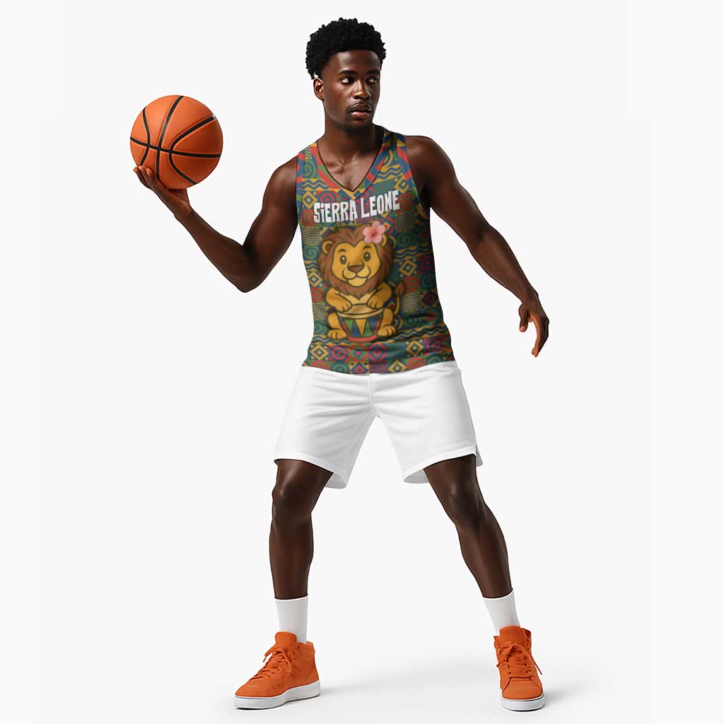 Sierra Leone Basketball Jersey - Cute Lion Playing Djembe Drum and Tribal Pattern Design TS04