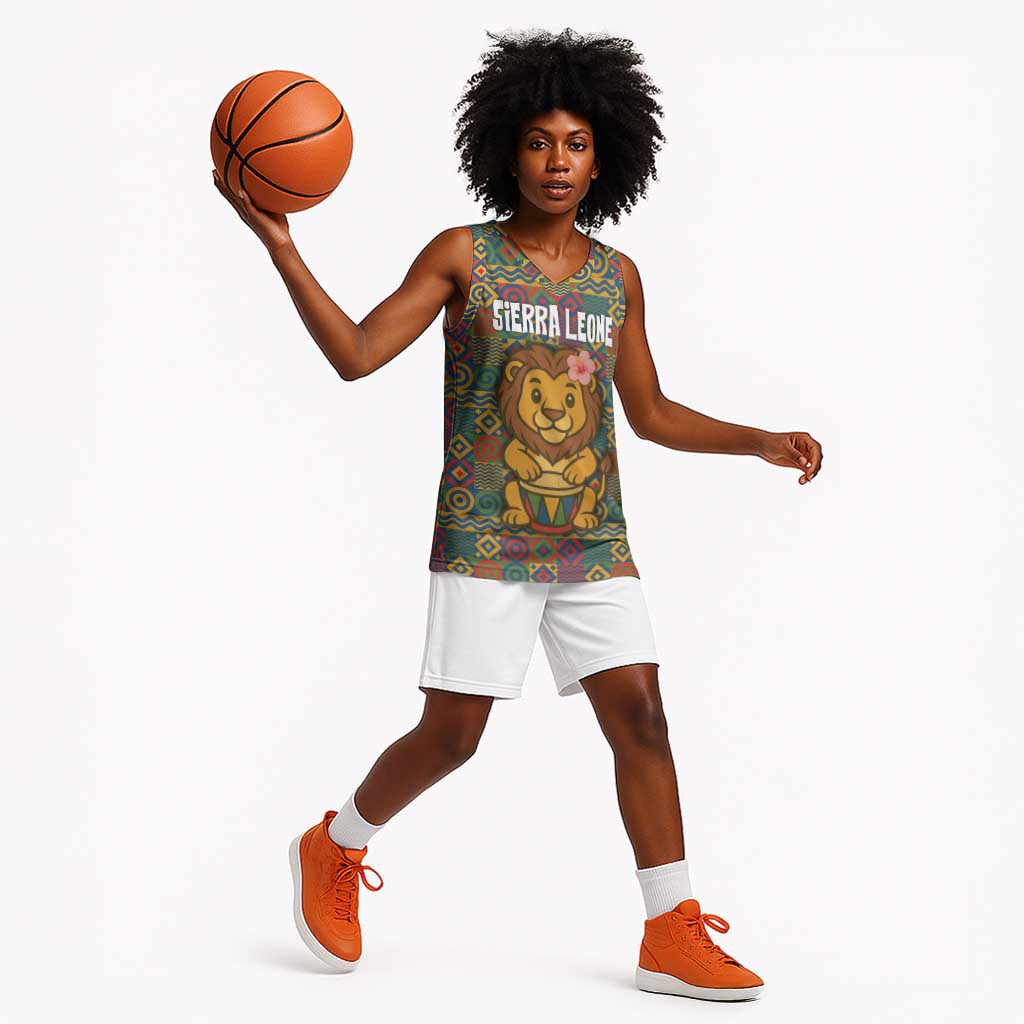 Sierra Leone Basketball Jersey - Cute Lion Playing Djembe Drum and Tribal Pattern Design TS04
