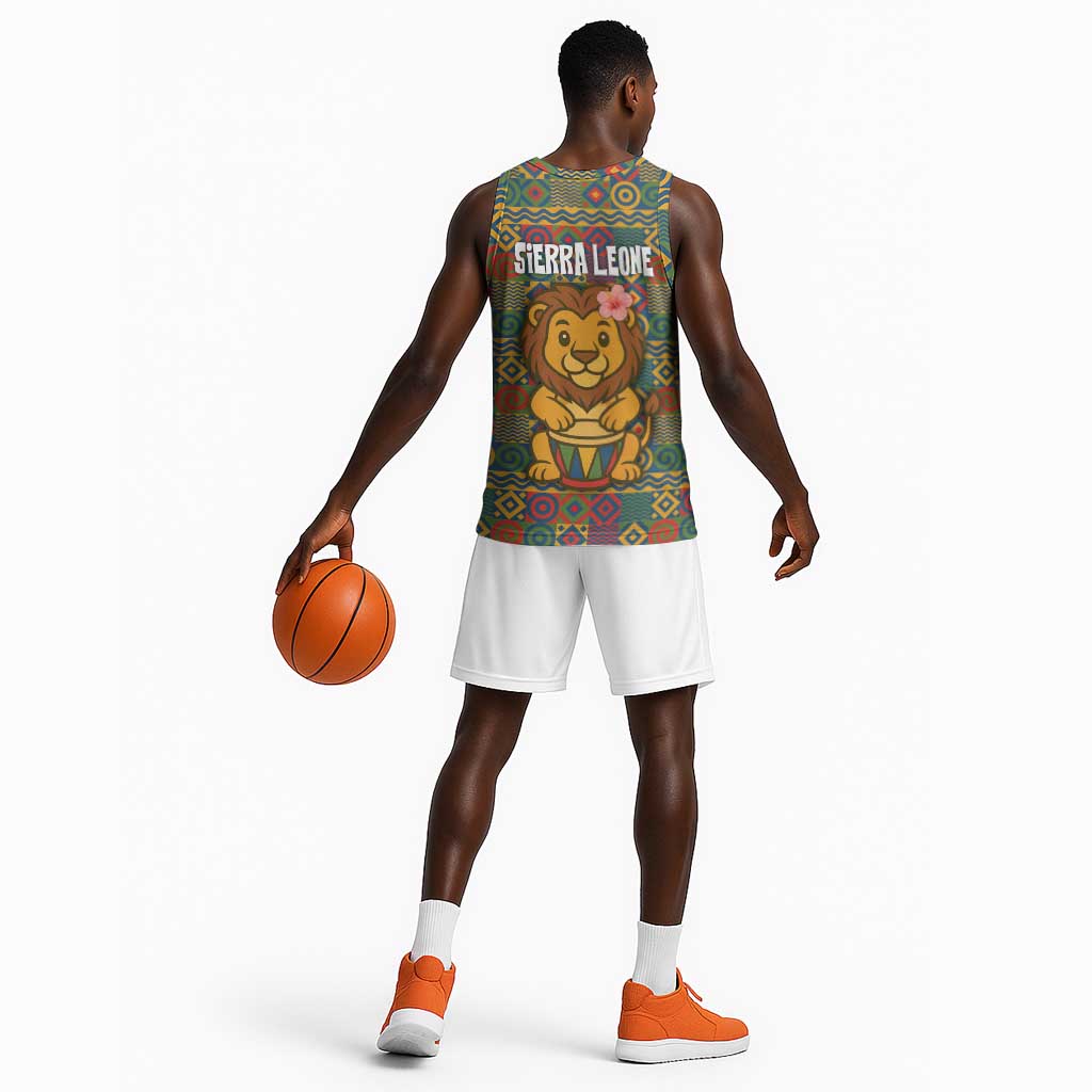 Sierra Leone Basketball Jersey - Cute Lion Playing Djembe Drum and Tribal Pattern Design TS04