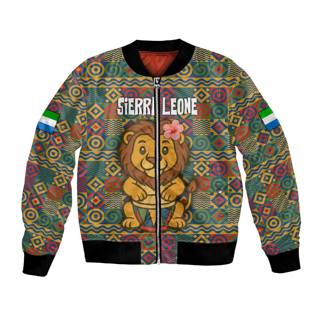 Sierra Leone Bomber Jacket - Cute Lion Playing Djembe Drum and Tribal Pattern Design