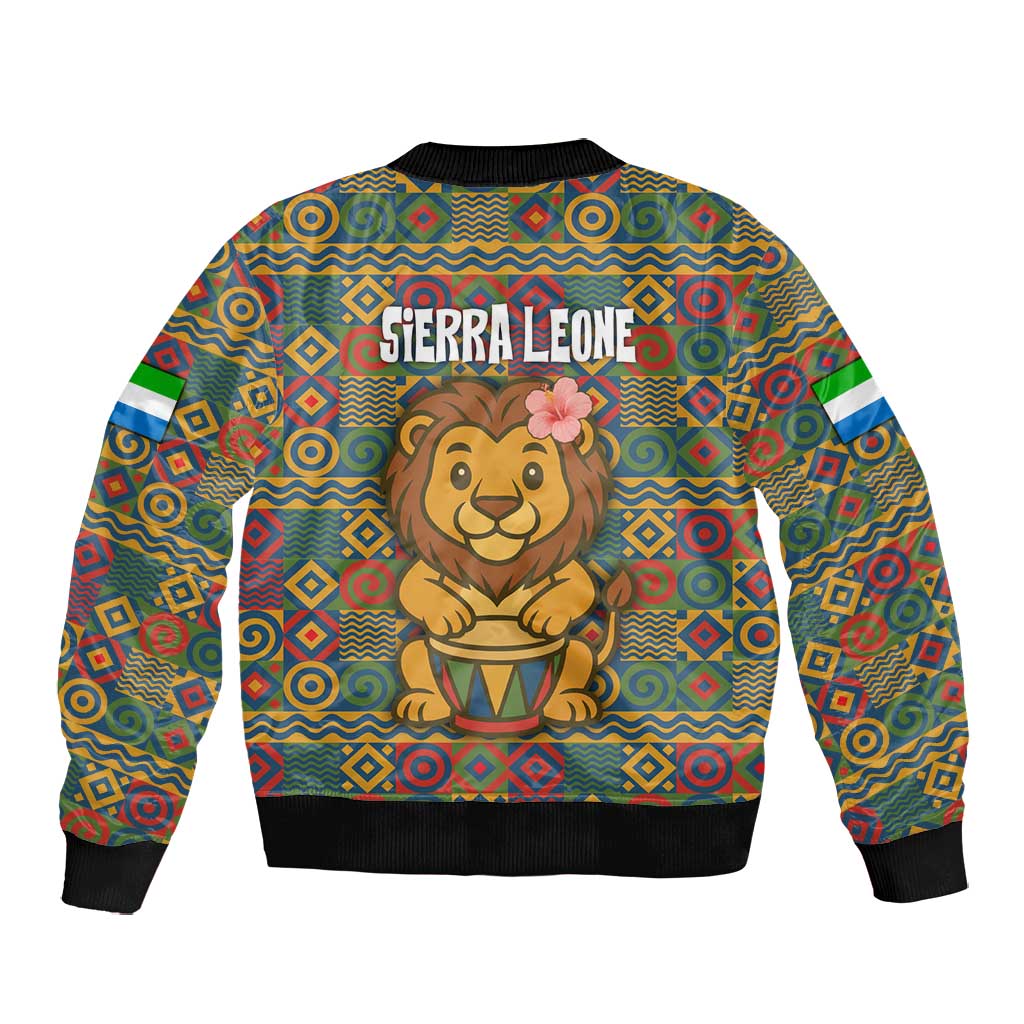 Sierra Leone Bomber Jacket - Cute Lion Playing Djembe Drum and Tribal Pattern Design