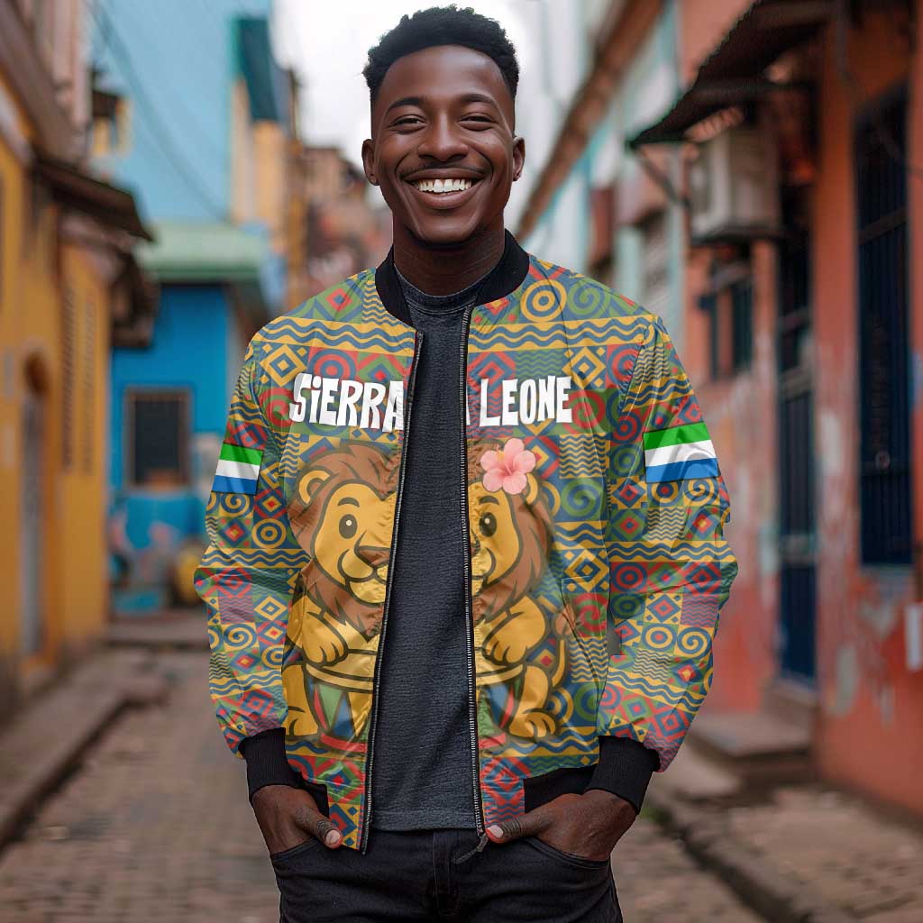 Sierra Leone Bomber Jacket - Cute Lion Playing Djembe Drum and Tribal Pattern Design