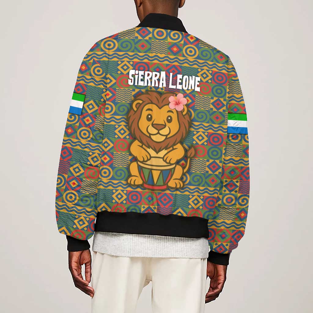 Sierra Leone Bomber Jacket - Cute Lion Playing Djembe Drum and Tribal Pattern Design