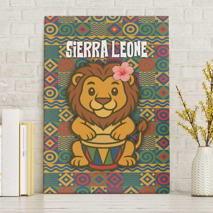 Sierra Leone Canvas Wall Art - Cute Lion Playing Djembe Drum and Tribal Pattern Design