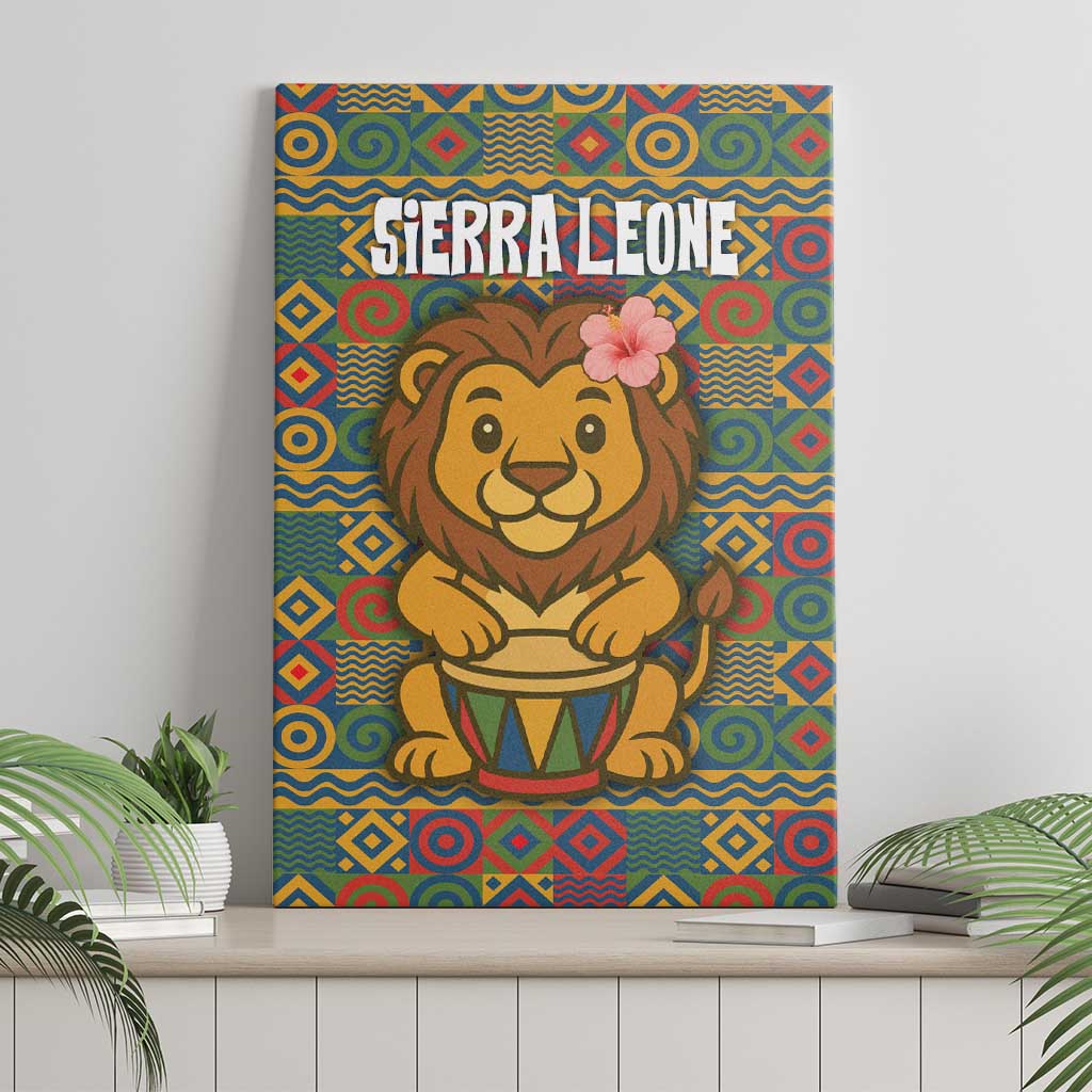 Sierra Leone Canvas Wall Art - Cute Lion Playing Djembe Drum and Tribal Pattern Design