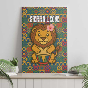 Sierra Leone Canvas Wall Art - Cute Lion Playing Djembe Drum and Tribal Pattern Design