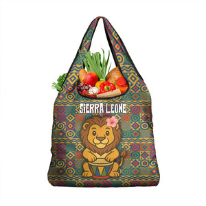 Sierra Leone Grocery Bag - Cute Lion Playing Djembe Drum and Tribal Pattern Design