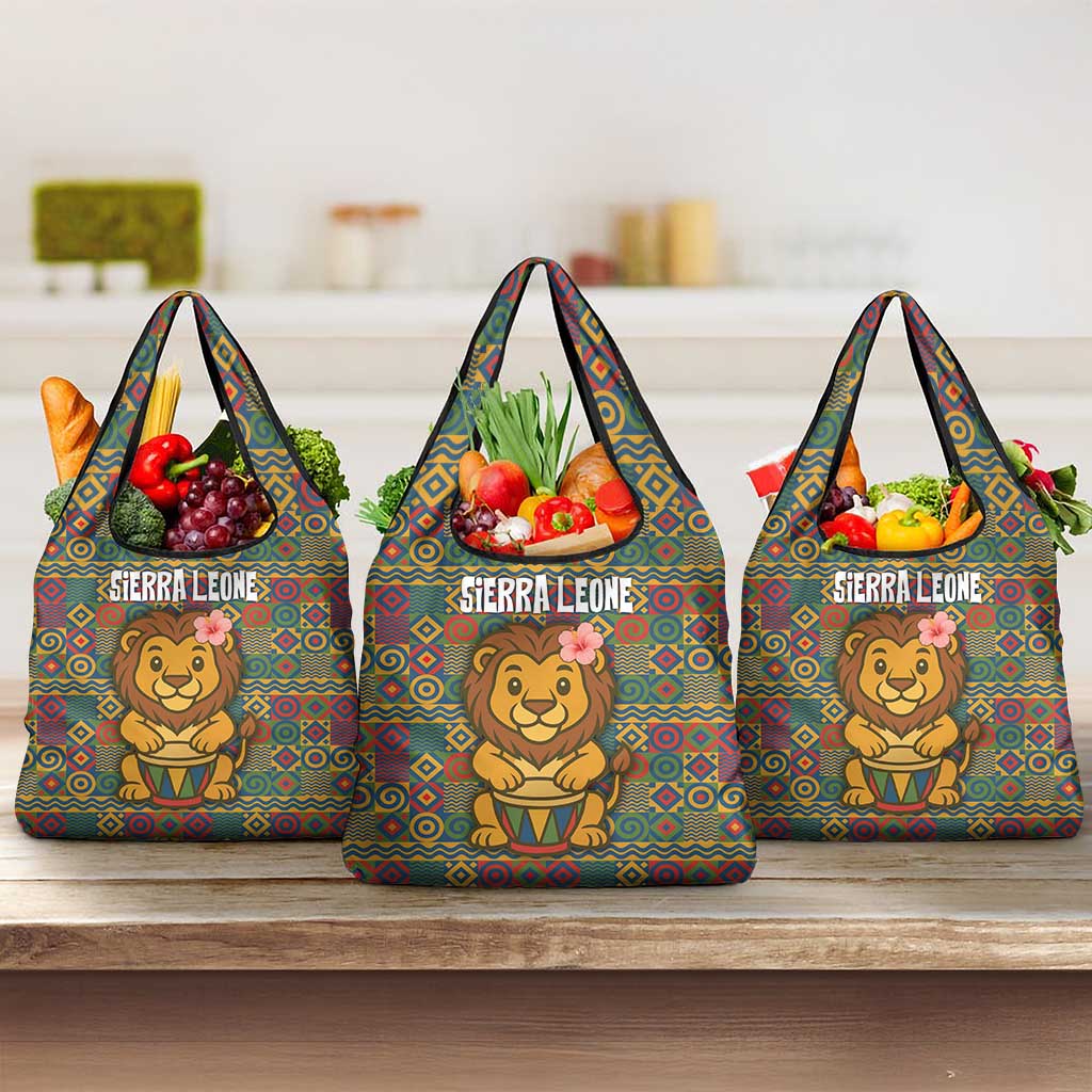 Sierra Leone Grocery Bag - Cute Lion Playing Djembe Drum and Tribal Pattern Design