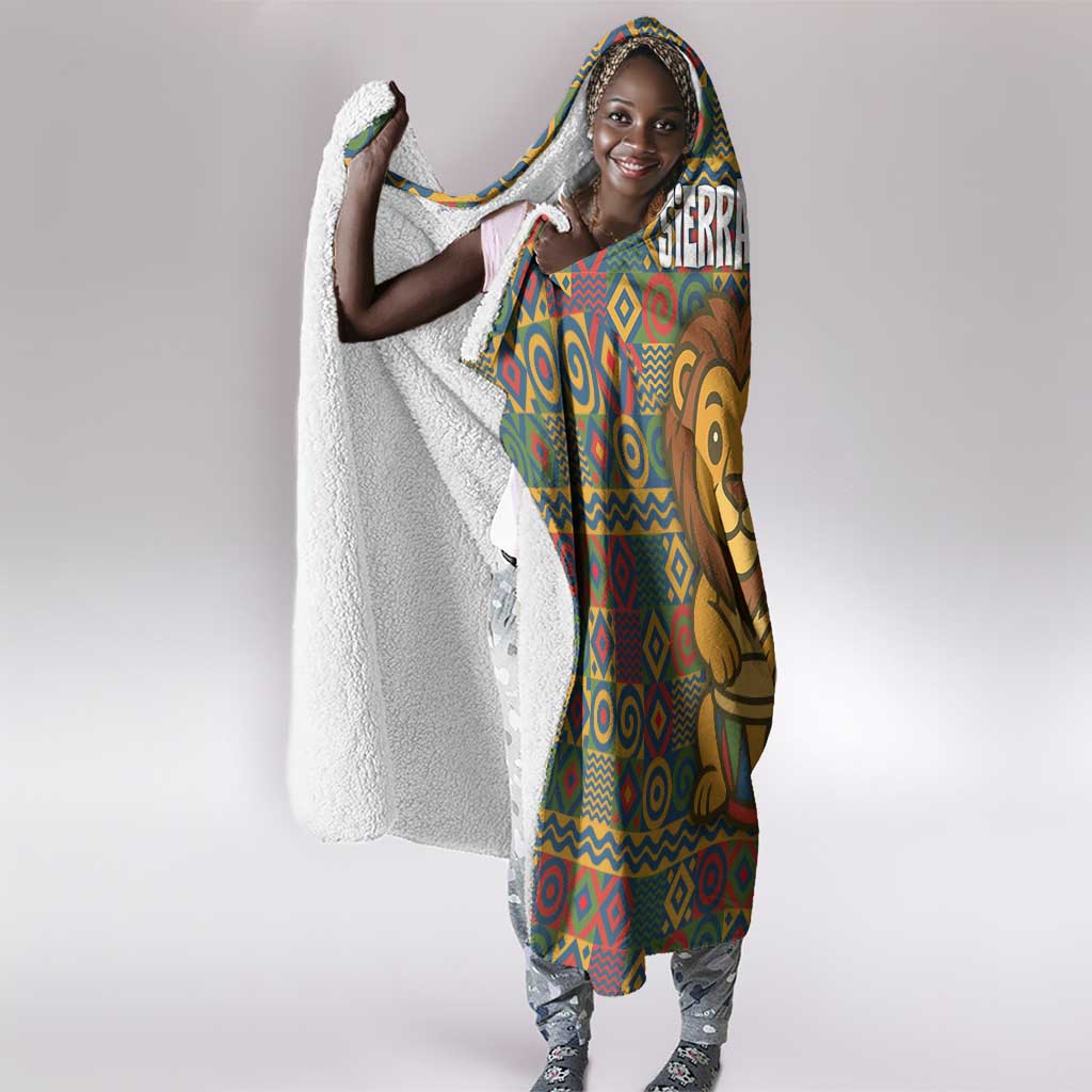 Sierra Leone Hooded Blanket - Cute Lion Playing Djembe Drum and Tribal Pattern Design