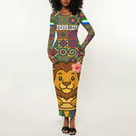 Sierra Leone Long Sleeve Bodycon Dress - Cute Lion Playing Djembe Drum and Tribal Pattern Design