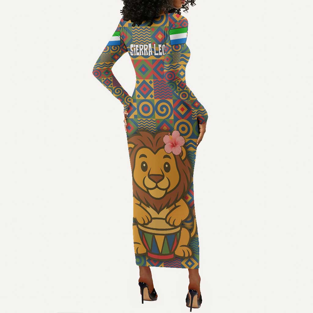 Sierra Leone Long Sleeve Bodycon Dress - Cute Lion Playing Djembe Drum and Tribal Pattern Design