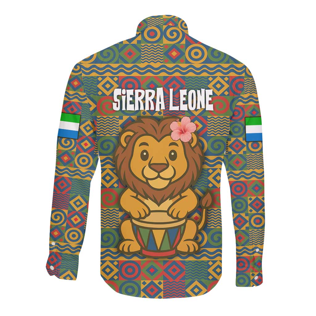 Sierra Leone Long Sleeve Button Shirt - Cute Lion Playing Djembe Drum and Tribal Pattern Design