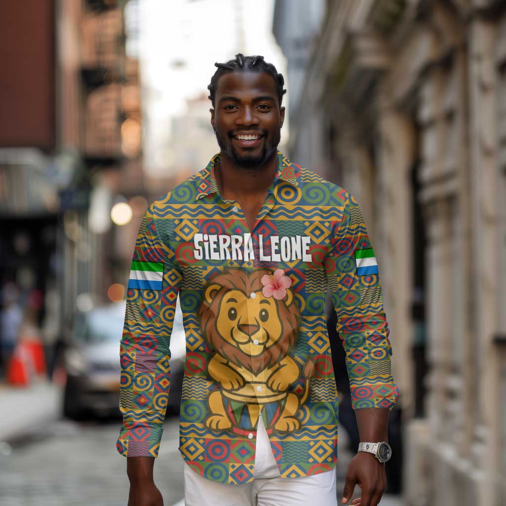 Sierra Leone Long Sleeve Button Shirt - Cute Lion Playing Djembe Drum and Tribal Pattern Design