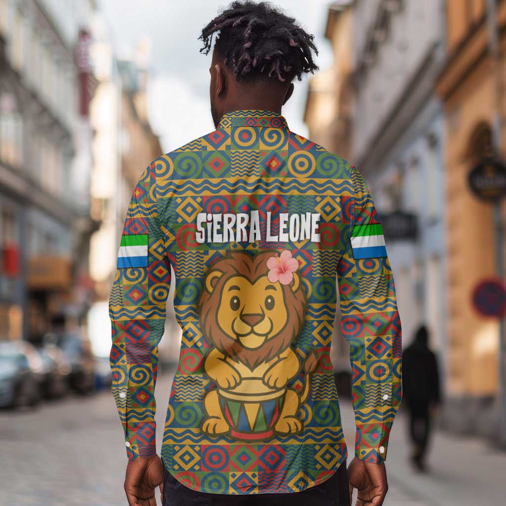 Sierra Leone Long Sleeve Button Shirt - Cute Lion Playing Djembe Drum and Tribal Pattern Design