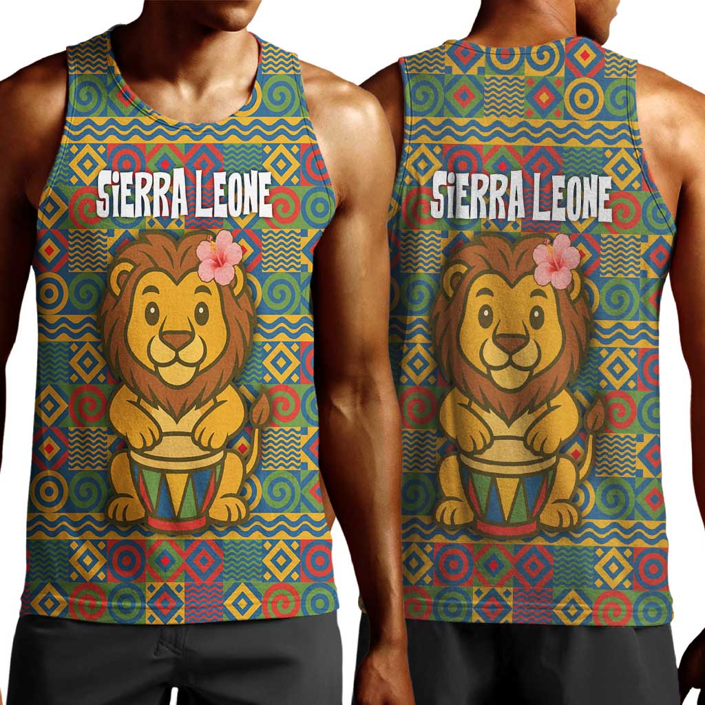 Sierra Leone Men Tank Top - Cute Lion Playing Djembe Drum and Tribal Pattern Design