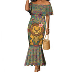 Sierra Leone Mermaid Dress - Cute Lion Playing Djembe Drum and Tribal Pattern Design