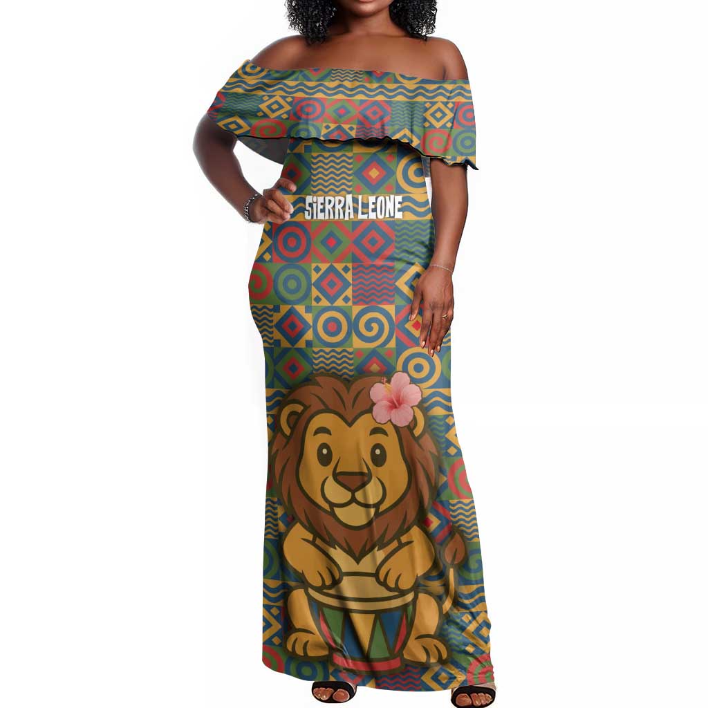 Sierra Leone Off Shoulder Maxi Dress - Cute Lion Playing Djembe Drum and Tribal Pattern Design