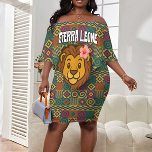 Sierra Leone Off Shoulder Short Dress - Cute Lion Playing Djembe Drum and Tribal Pattern Design