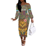 Sierra Leone Off The Shoulder Long Sleeve Dress - Cute Lion Playing Djembe Drum and Tribal Pattern Design