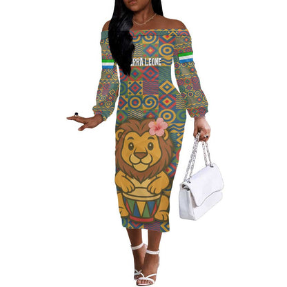 Sierra Leone Off The Shoulder Long Sleeve Dress - Cute Lion Playing Djembe Drum and Tribal Pattern Design