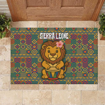 Sierra Leone Rubber Doormat - Cute Lion Playing Djembe Drum and Tribal Pattern Design