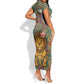 Sierra Leone Short Sleeve Bodycon Dress - Cute Lion Playing Djembe Drum and Tribal Pattern Design